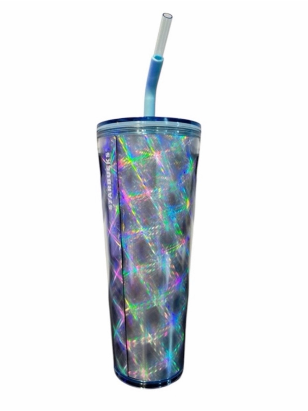 Starbucks Silver Metallic Holographic Star Checkered Slant Straw Cup 2024
